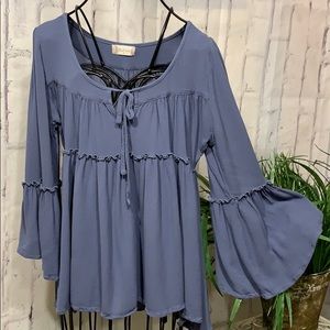 Altar'd State Peasant Shirt Bell Sleeve Tie Neck Ruffled Tiers Empire Waist